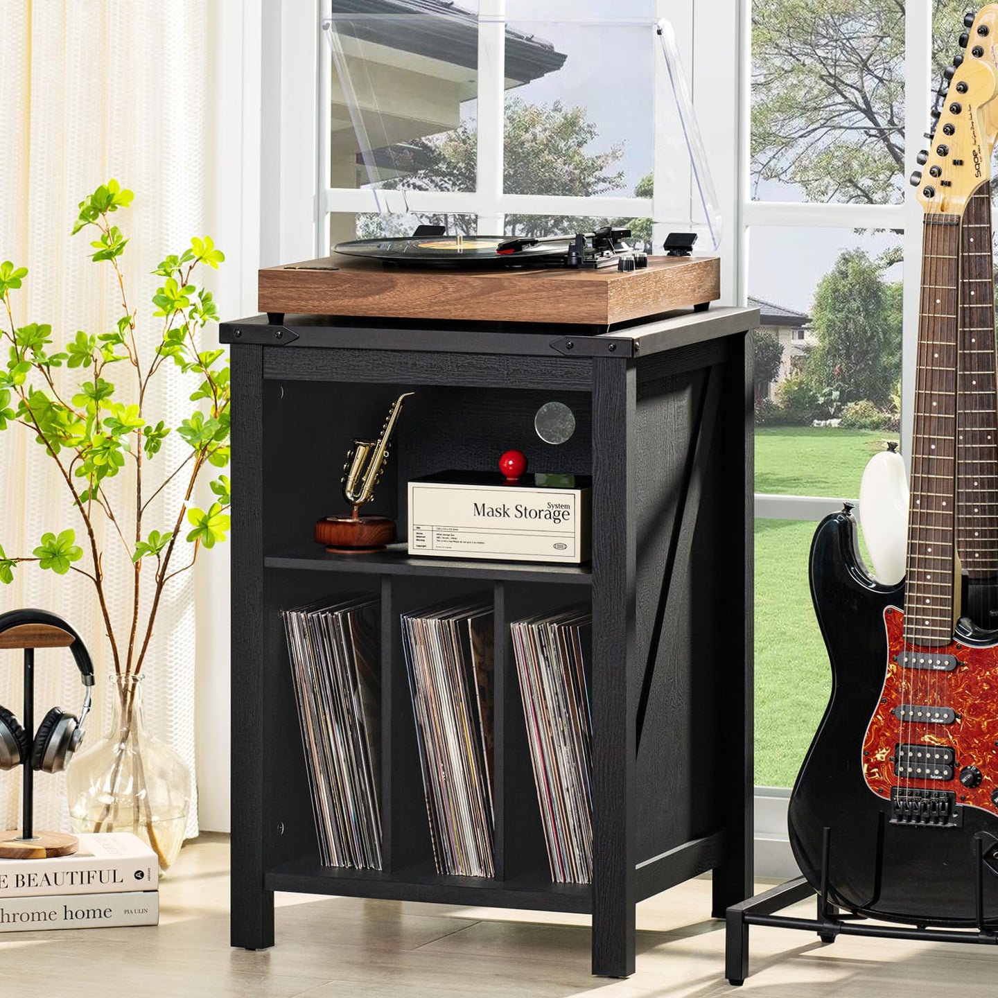 Record player stand with black cabinet and open shelf for vinyl records