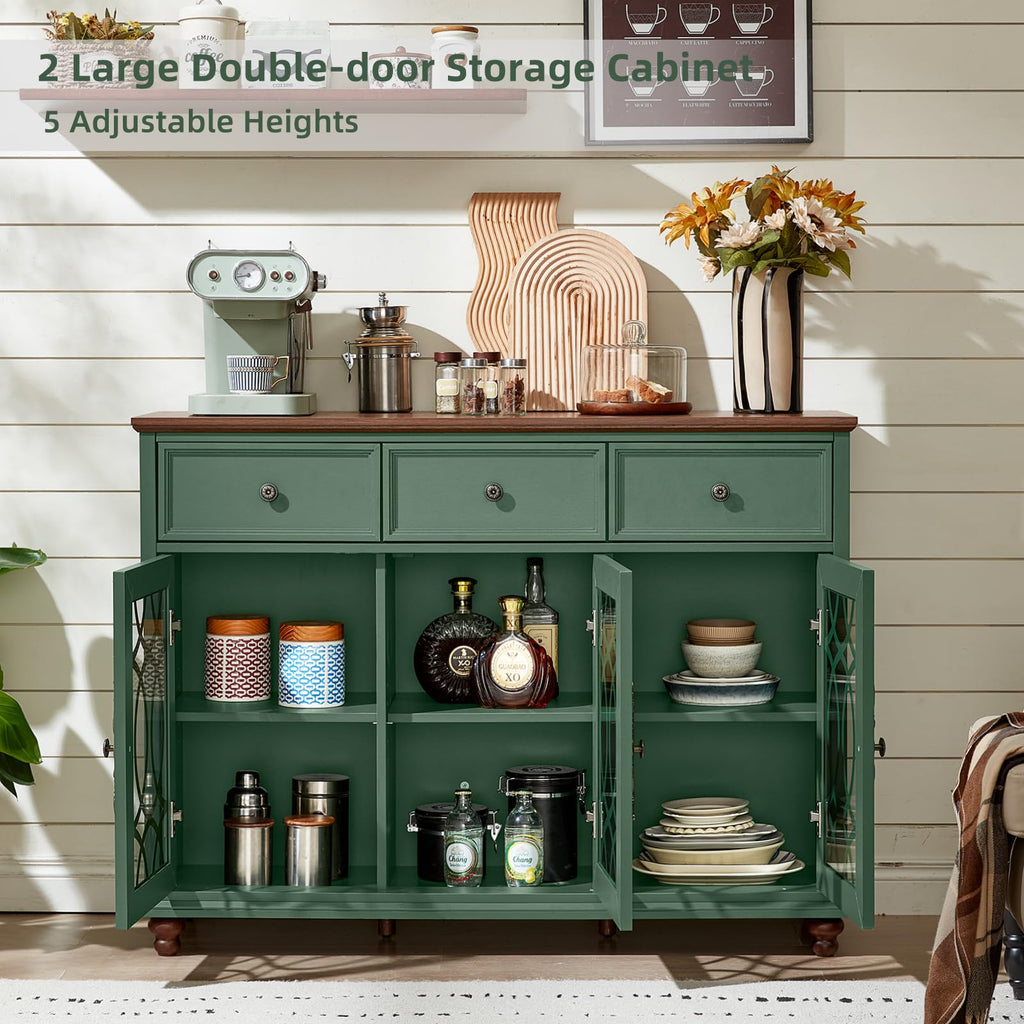 Farmhouse sideboard buffet cabinet in dark green, open double doors with shelves
