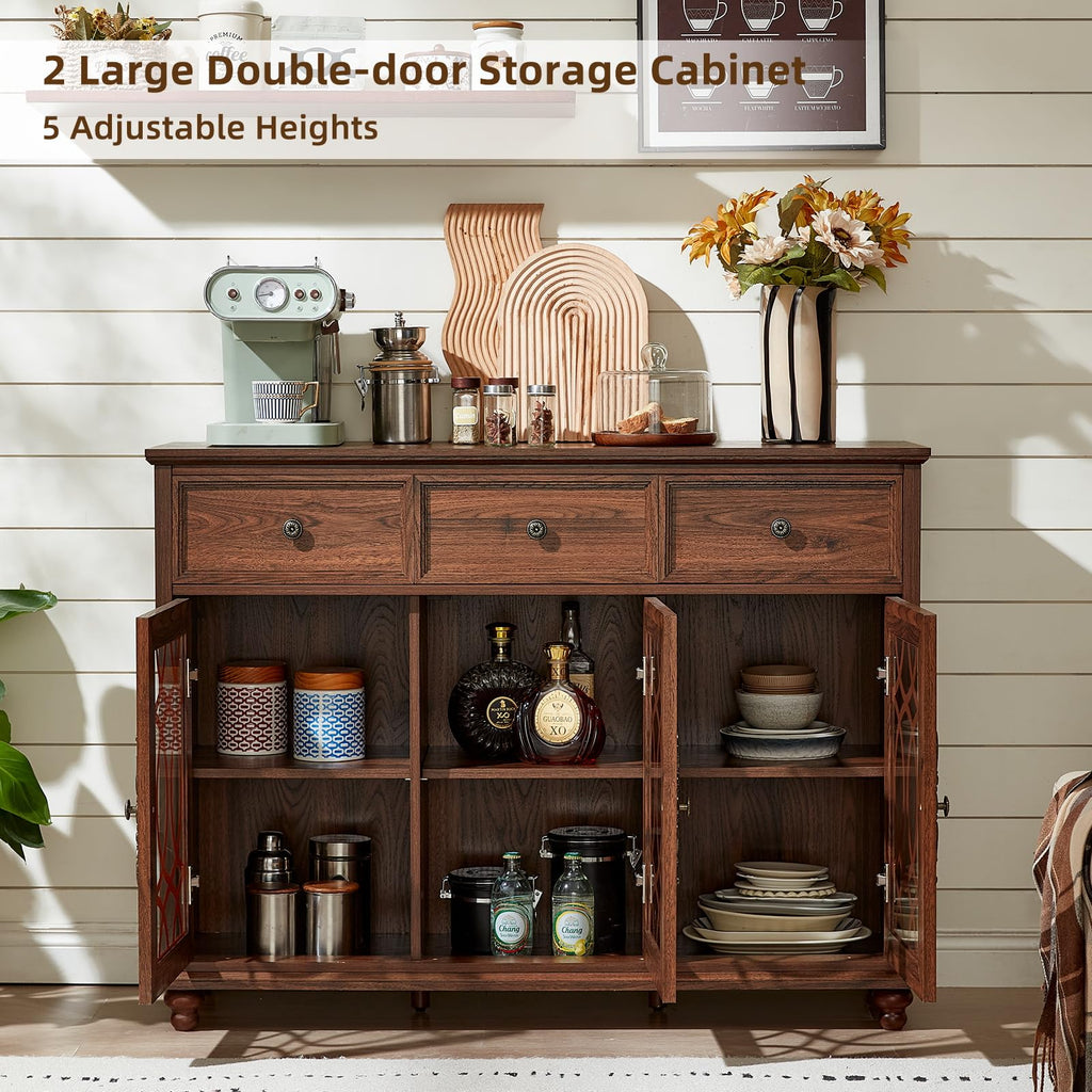 Dark wood double-door storage cabinet with adjustable shelf and open interior