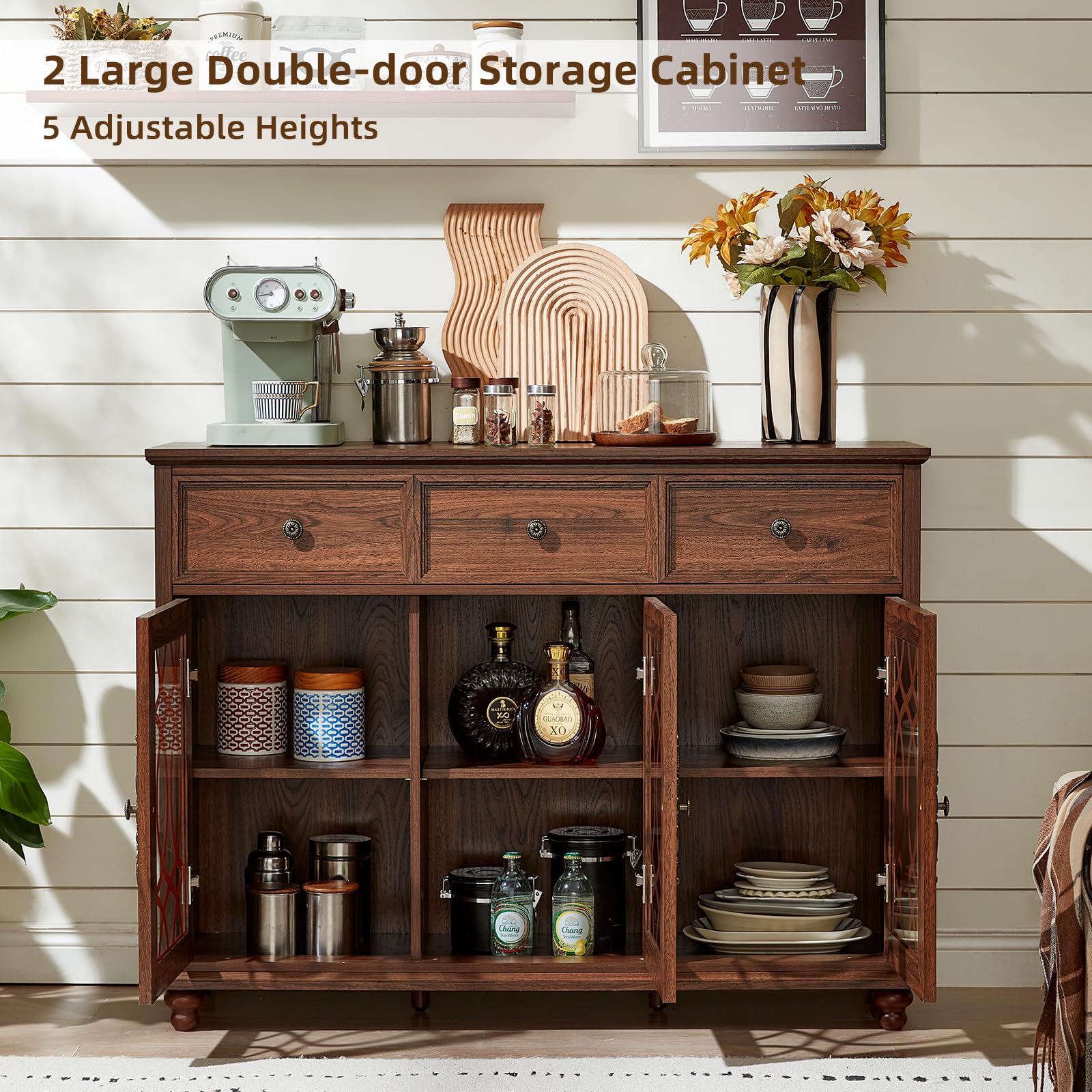 Dark wood double-door storage cabinet with adjustable shelf and open interior