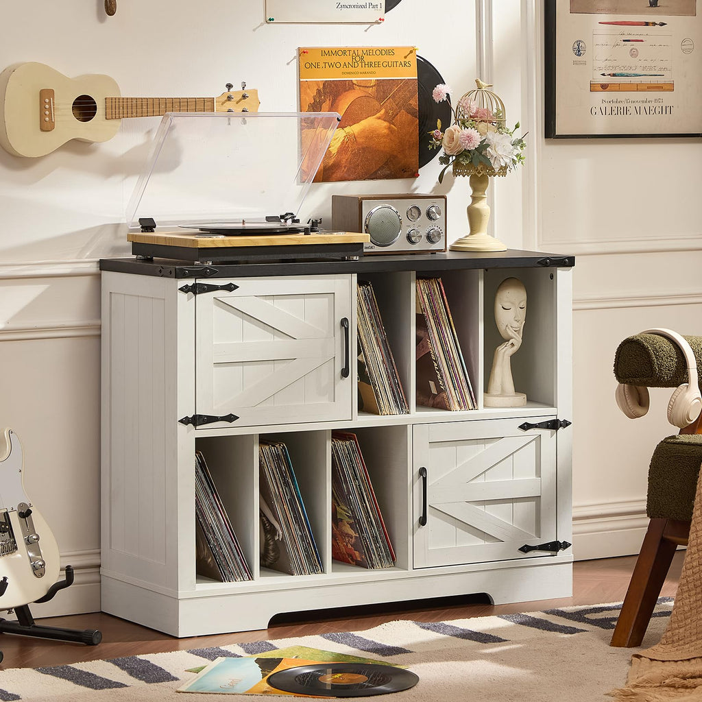 White farmhouse record cabinet with open shelves and side doors for vinyl storage