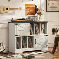 White record player stand cabinet with open vinyl storage and turntable on top