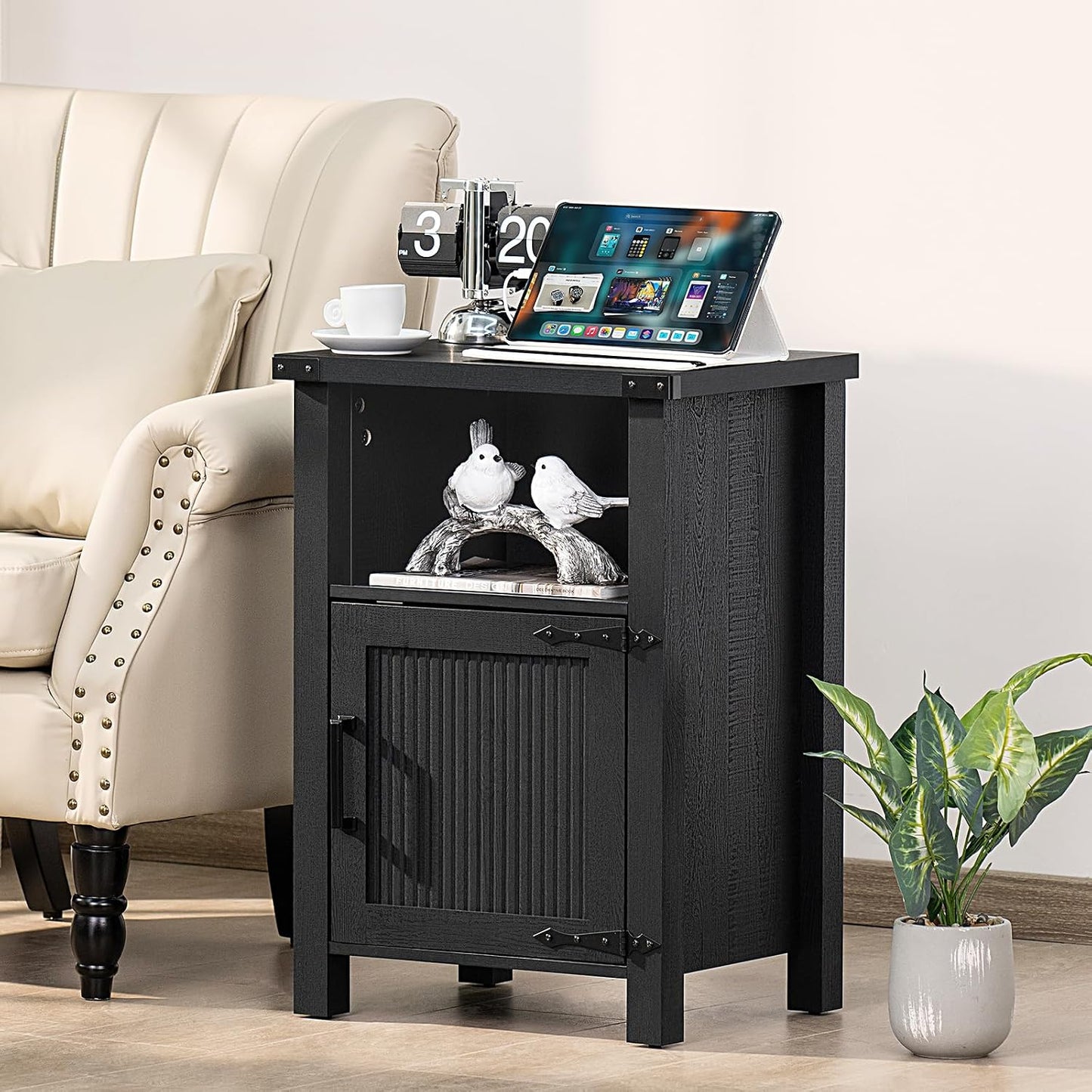 Joaxswe 18-Inch Nightstand with Charging Station and Fluted Door,Dark Blue | 18-inch bedside table with AC and USB charging, open storage and a magnetic fluted door for bedroom essentials