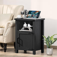 Joaxswe 18-Inch Nightstand with Charging Station and Fluted Door,Dark Blue | 18-inch bedside table with AC and USB charging, open storage and a magnetic fluted door for bedroom essentials