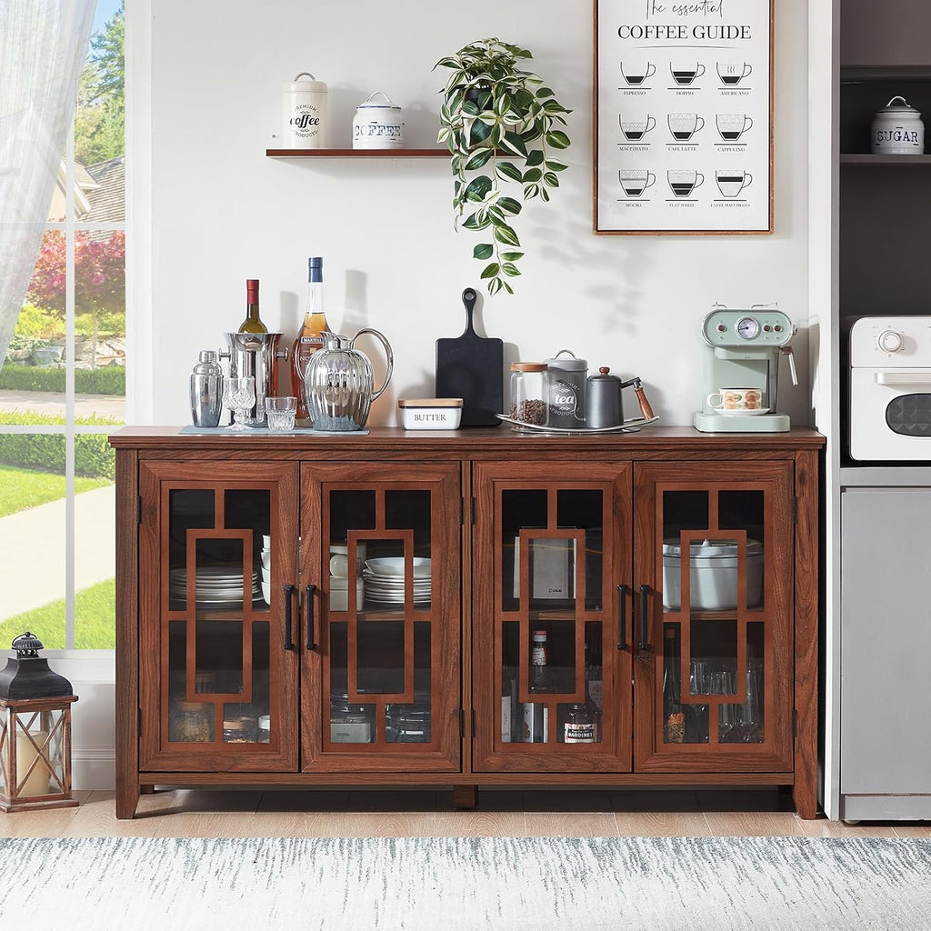 Brown sideboard cabinet with four glass doors and matte metal door handles