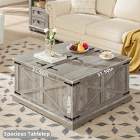 Gray wooden farmhouse square coffee table with flip-top lid and cross-brace design