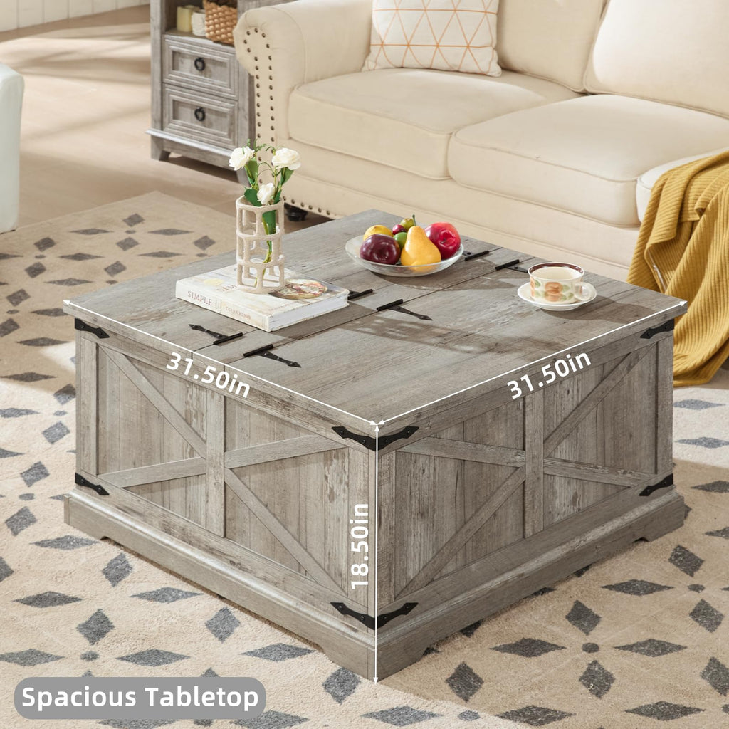 Rustic gray square lift-top coffee table with hidden storage compartment