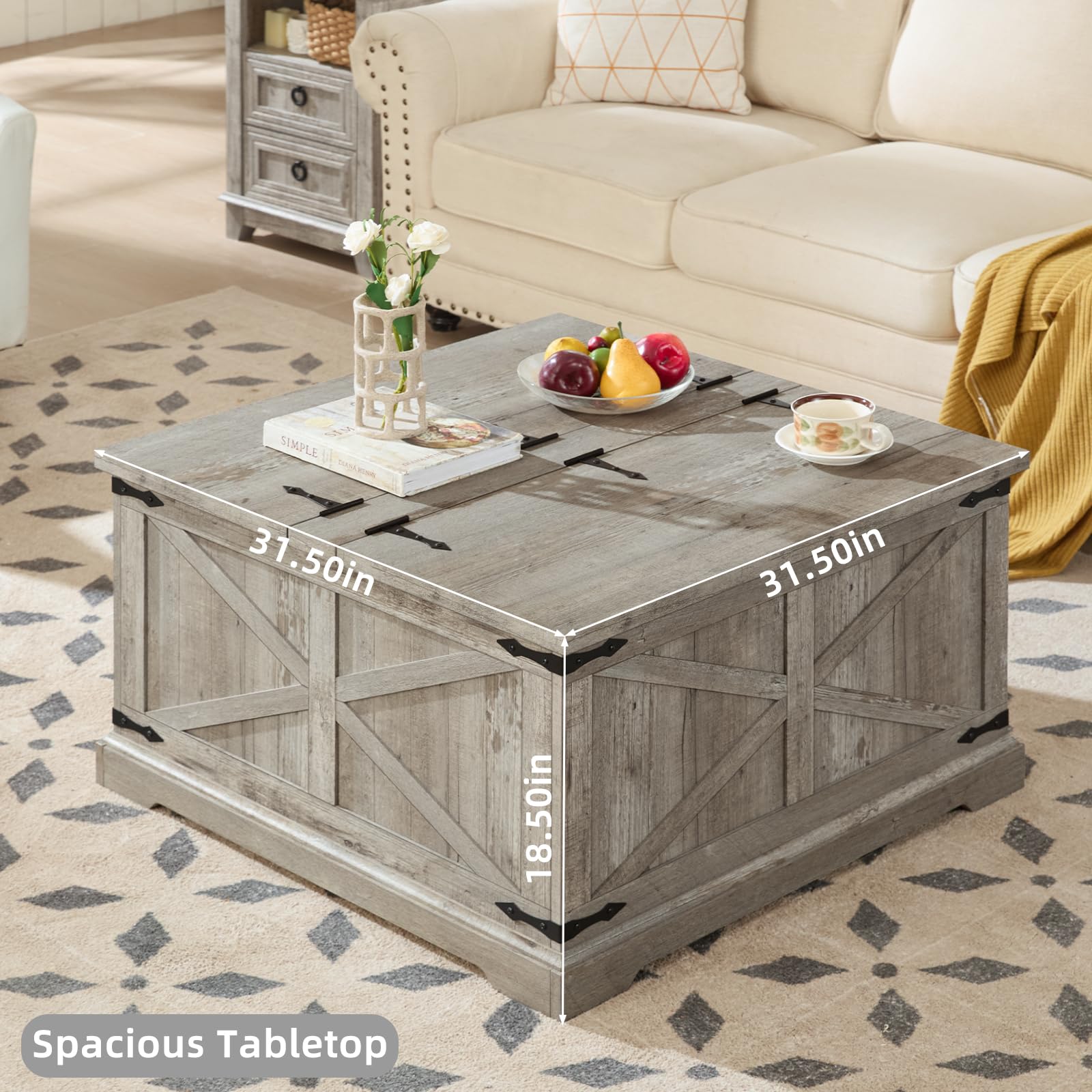 Rustic gray square lift-top coffee table with hidden storage compartment