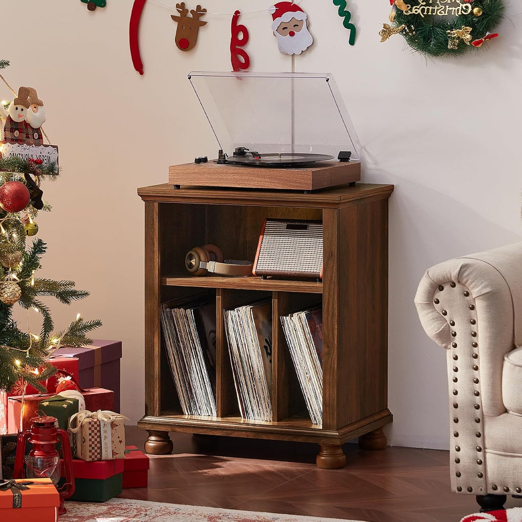 Brown wood record player stand with open cabinet shelves holding vinyl records and turntable