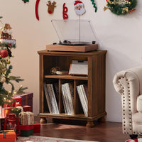 Brown wood record player stand with open cabinet shelves holding vinyl records and turntable