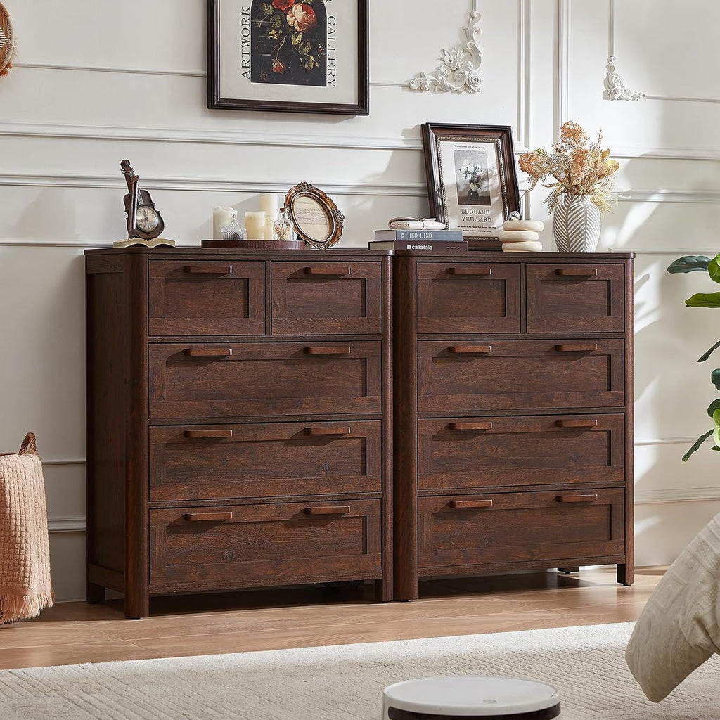 Walnut farmhouse 5-drawer dresser with four drawer fronts and metal knob pulls