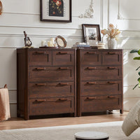 Walnut farmhouse 5-drawer dresser with four drawer fronts and metal knob pulls