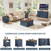 Navy blue square coffee table with flip-top lid and hidden storage in a living room