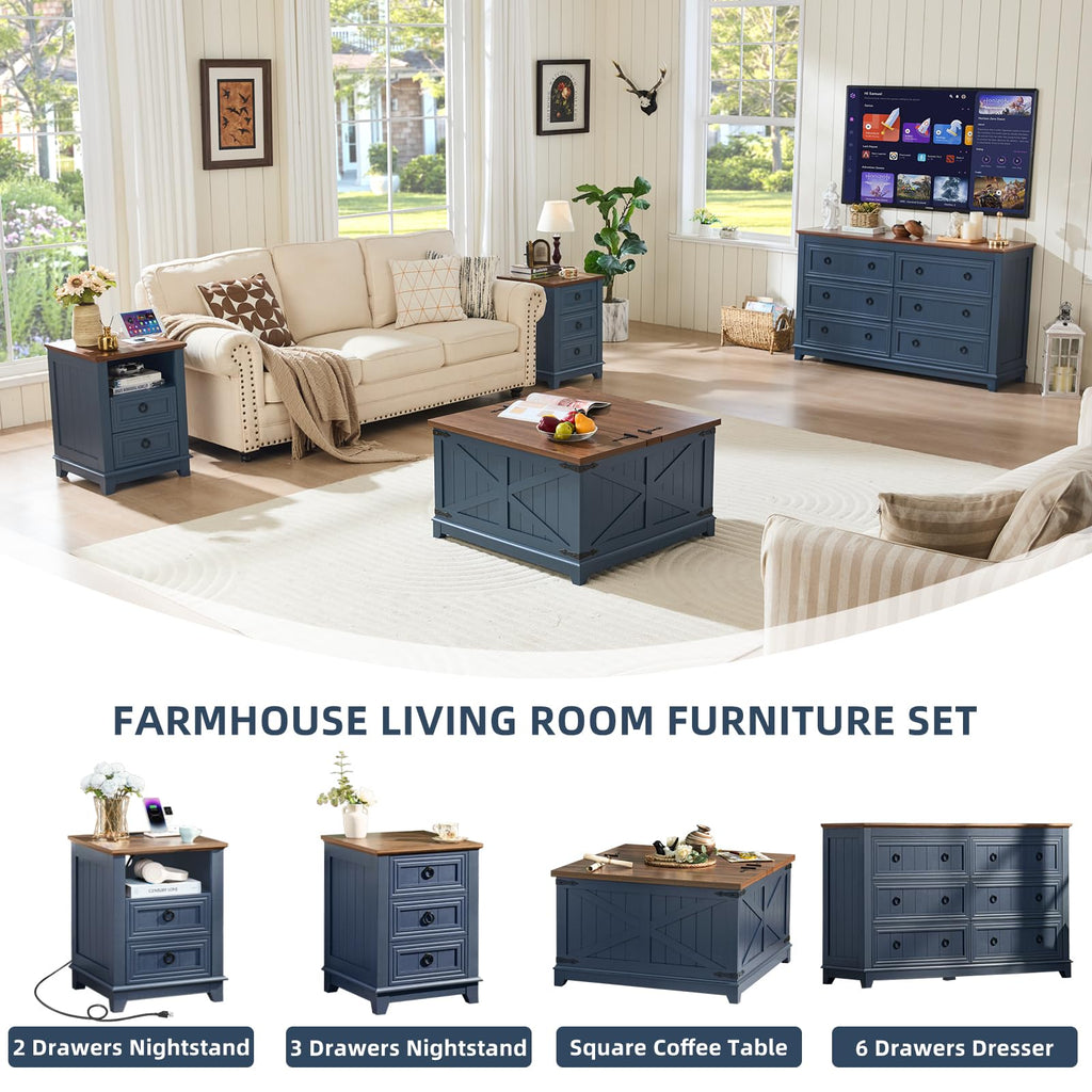 Navy blue square coffee table with rustic brown top and geometric door-panel sides