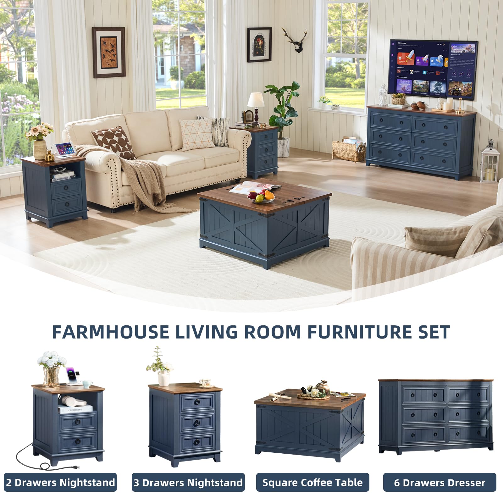 Navy blue square coffee table with rustic brown top and geometric door-panel sides