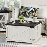 White coffee table with flip-up lid and hidden storage, black top surface, side cabinet.