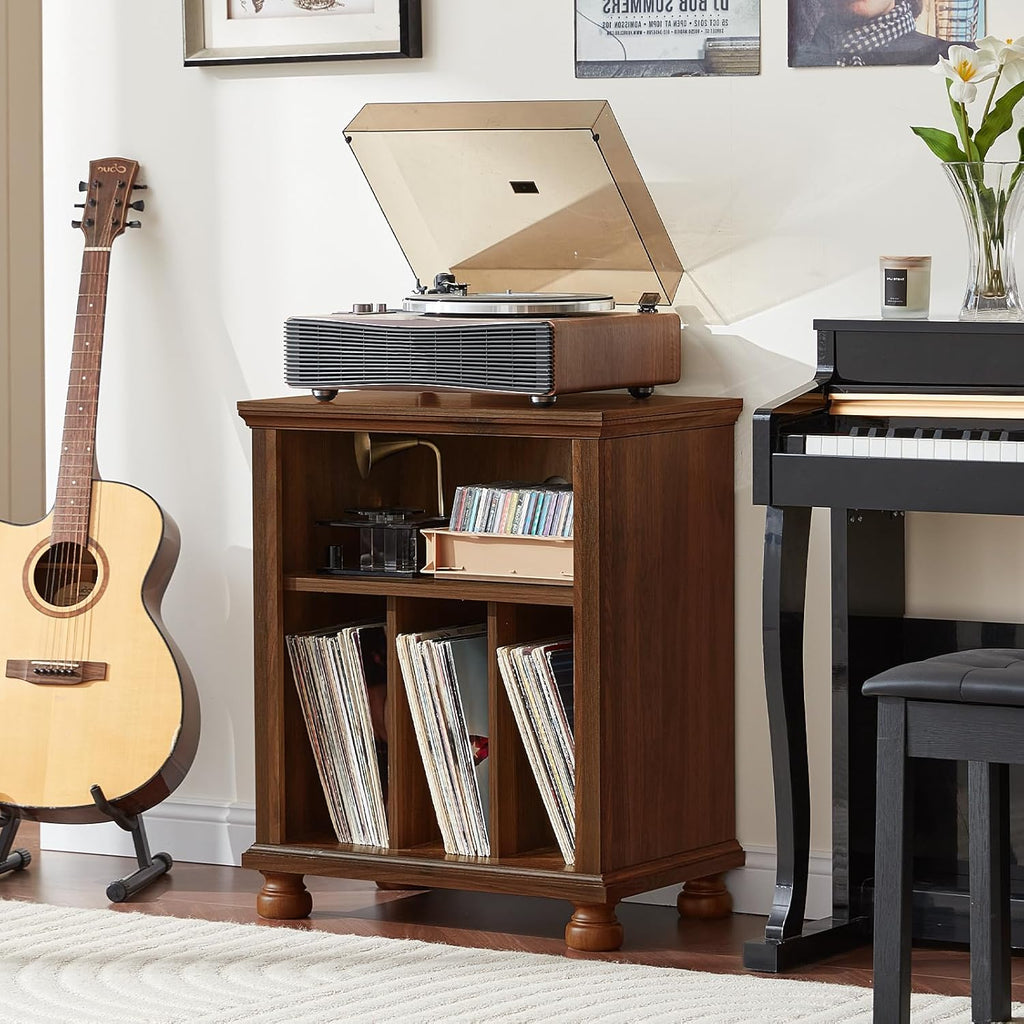 Brown wood record player stand with open turntable top and vinyl record cabinet shelves