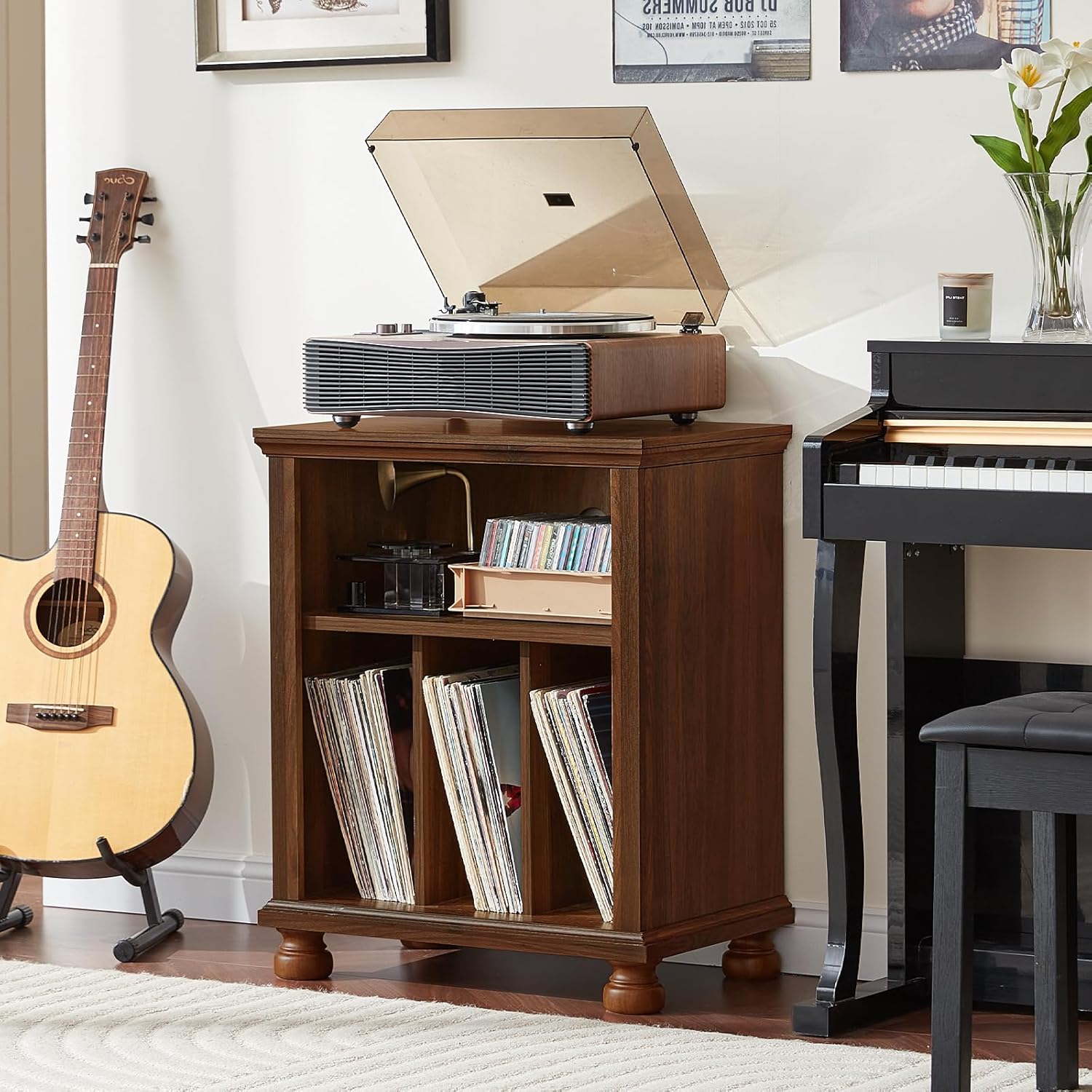 Brown wood record player stand with open turntable top and vinyl record cabinet shelves
