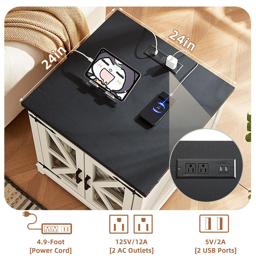 Black farmhouse end table with charging cutouts on glossy tabletop and glass doors
