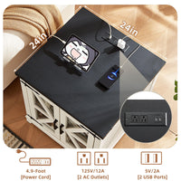 Black farmhouse end table with charging cutouts on glossy tabletop and glass doors