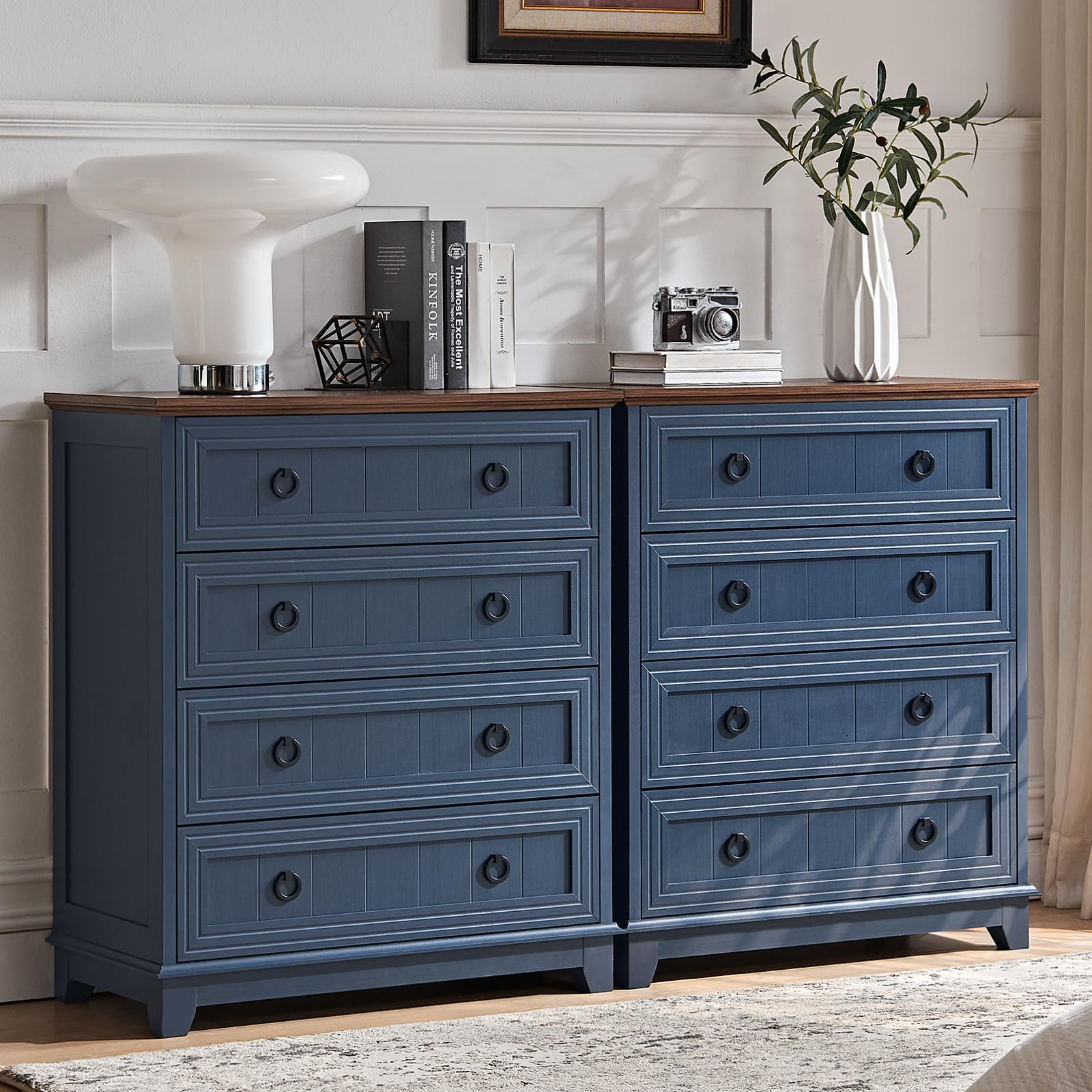 18" Farmhouse Night Stand with Charging Station, 2 Drawers End Table Dresser for Bedroom, Blue Wooden Nightstand, Bed Side Table with Open Shelf, Bedside Cabinet for Living Room, Closet