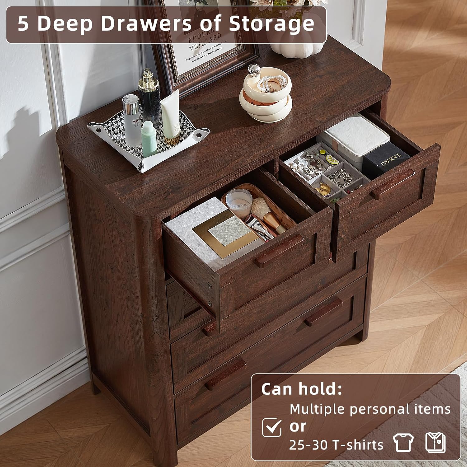 Farmhouse 5 Drawer Dresser for Bedroom, Chest of Drawers with 5 Deep Drawer & 4 Thickened Table Legs, Walnut