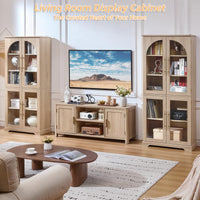 Tall bookcase cabinet in light wood with 4 curved glass doors and visible shelves