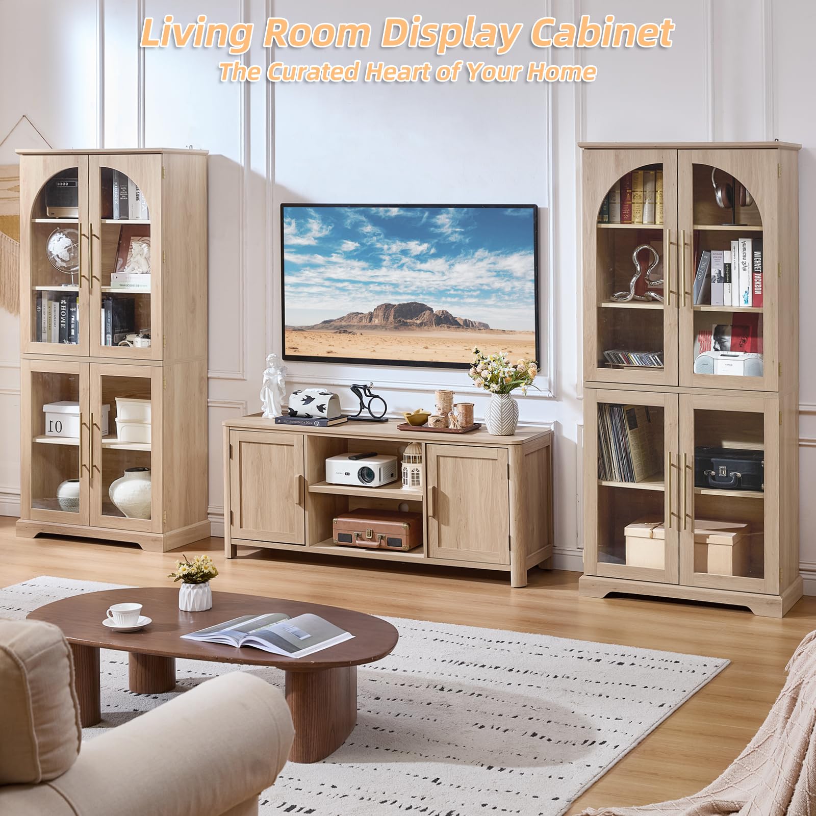 Tall bookcase cabinet in light wood with 4 curved glass doors and visible shelves