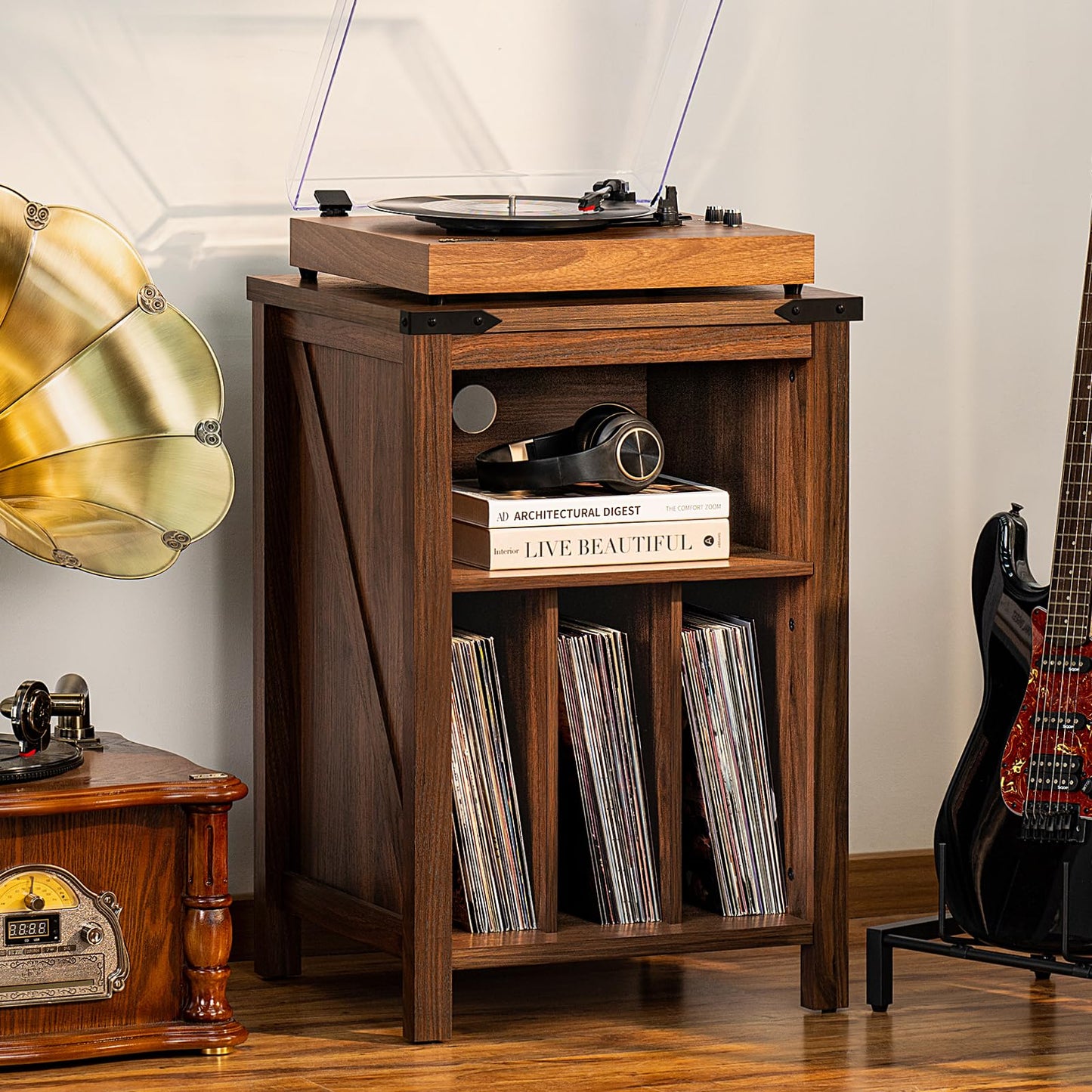Wood and navy blue record player stand with turntable top and vinyl record storage