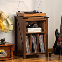 Wood and navy blue record player stand with turntable top and vinyl record storage