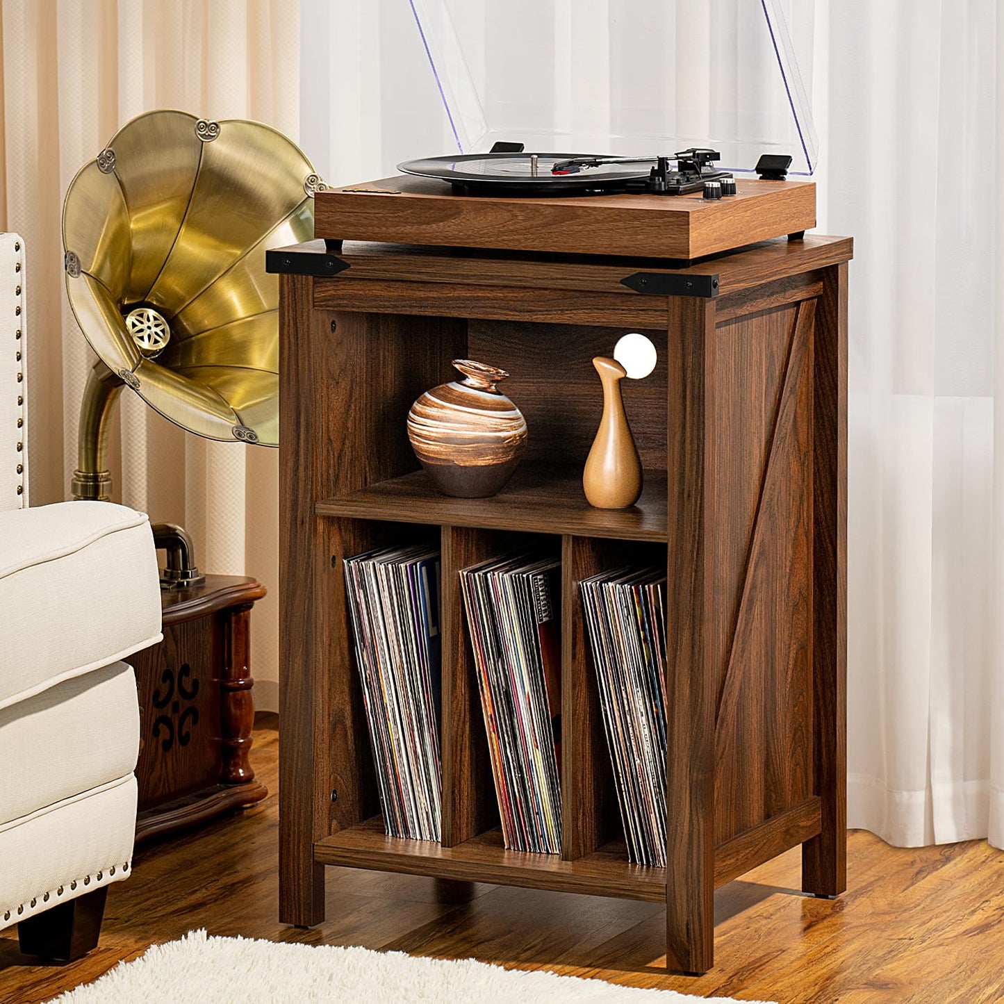 Brown record player stand with wood top and open shelves for vinyl records