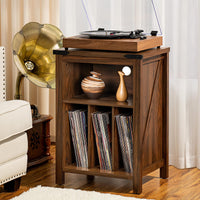 Brown record player stand with wood top and open shelves for vinyl records