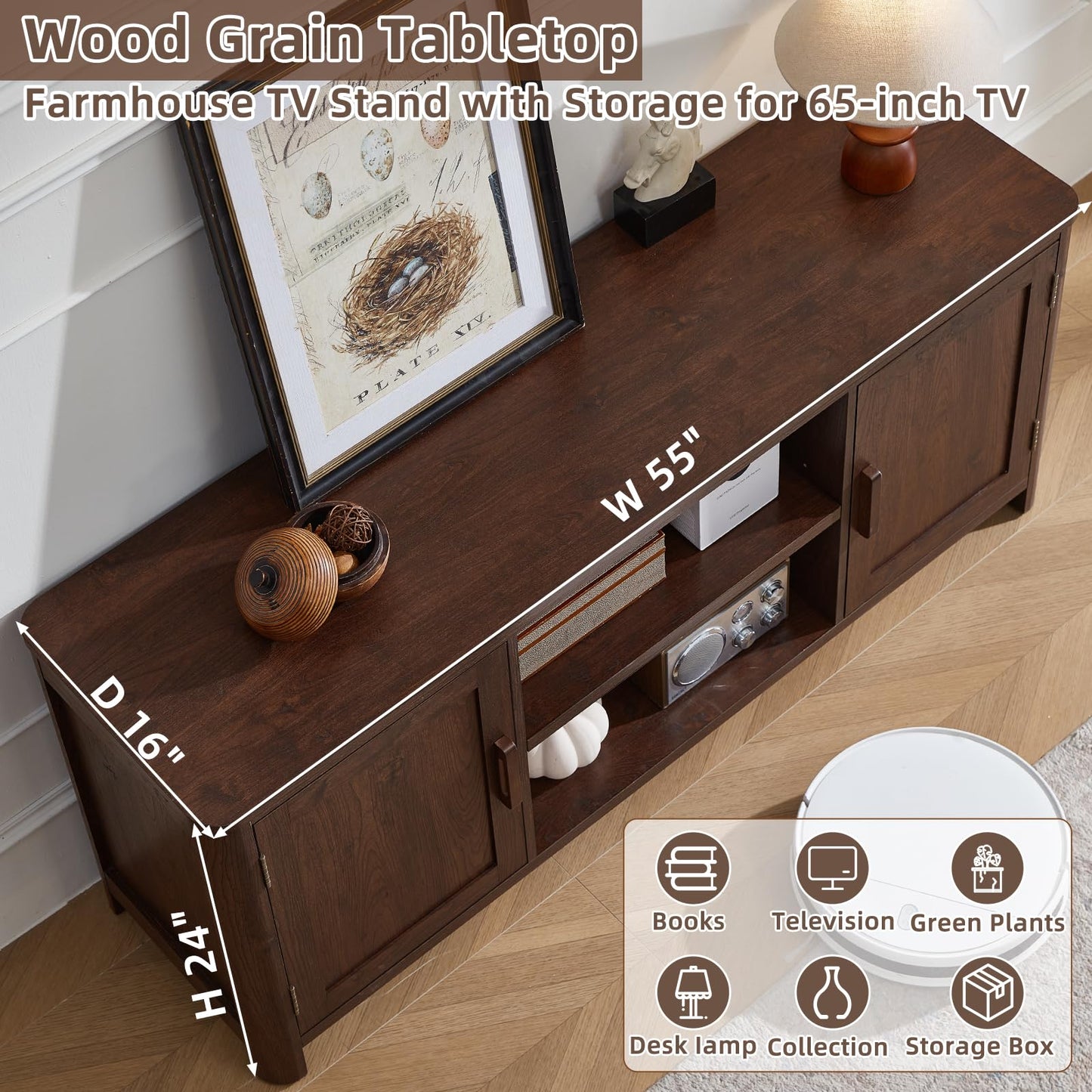 Joaxswe Farmhouse 55" Tv Stand Up for 65 in TV,Tv Consoles for Living Room | Adjustable Shelves Entertainment Center, 2 Door Storage, Rustic Wooden Veneer, Media Console Cabinet for TVs