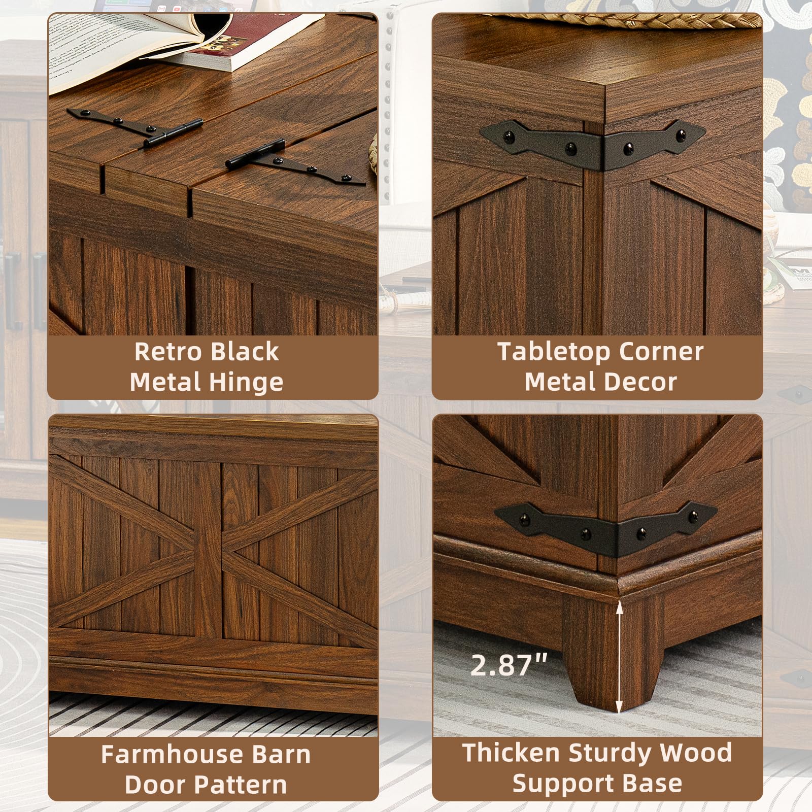 Coffee table corner detail showing thick wood base and metal hinge plates