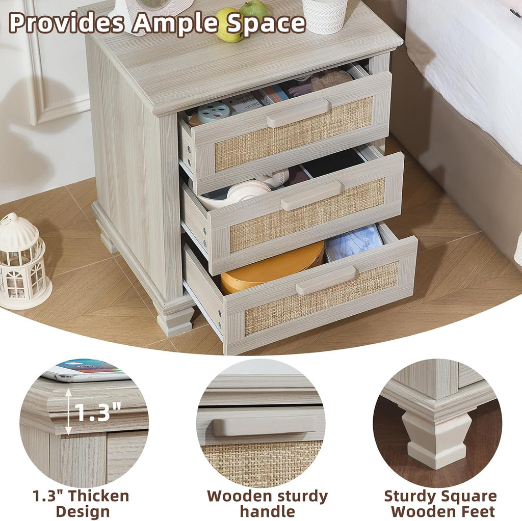 Light grey nightstand showing open drawers with woven front panels