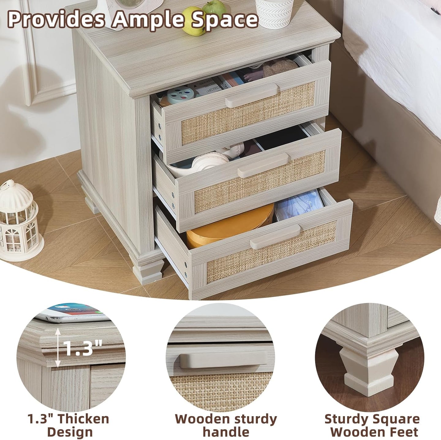 Light grey nightstand showing open drawers with woven front panels