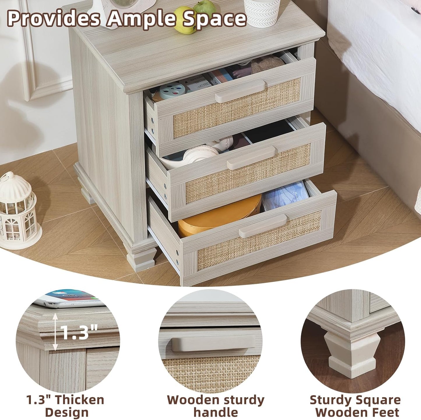 Light grey nightstand showing open drawers with woven front panels
