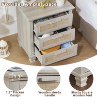 Light grey nightstand showing open drawers with woven front panels