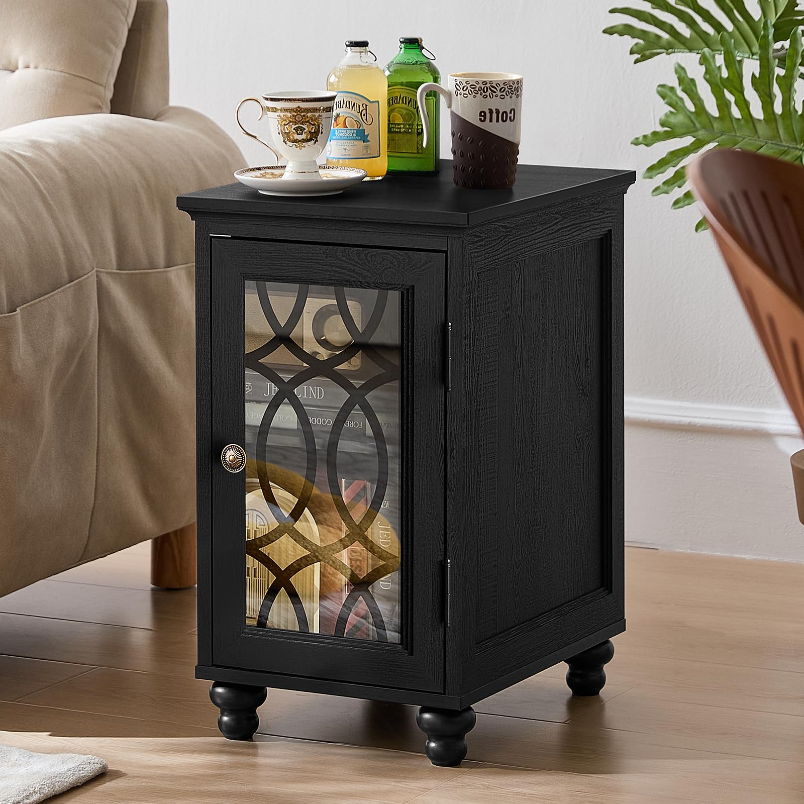 Black narrow nightstand with glass door, top surface, and turned feet