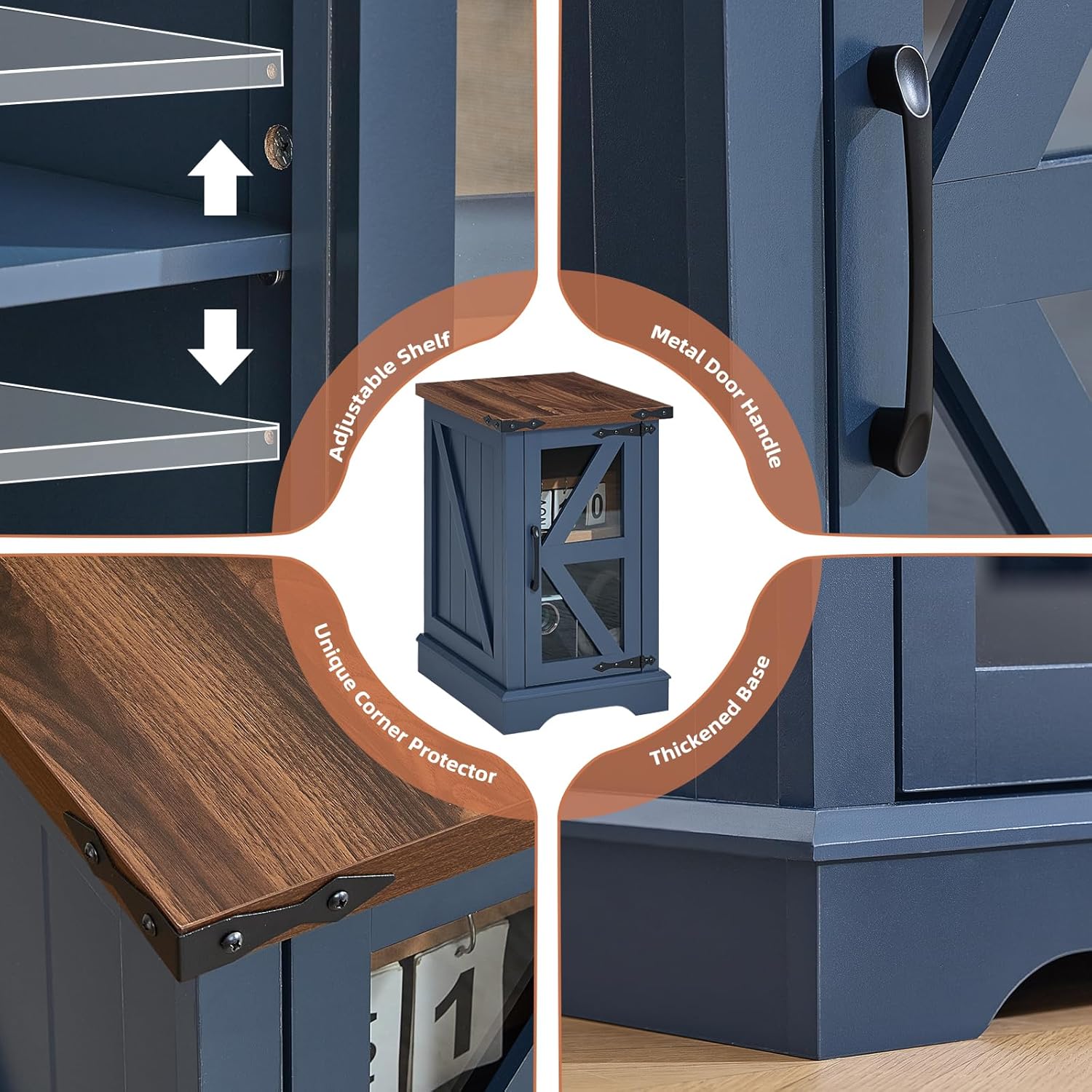 Navy blue nightstand with dark wood tabletop corner hardware and glass door