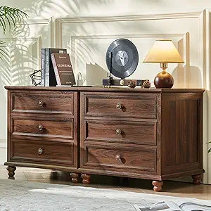 Brown farmhouse nightstand set, three-drawer chests with metal knobs and turned feet