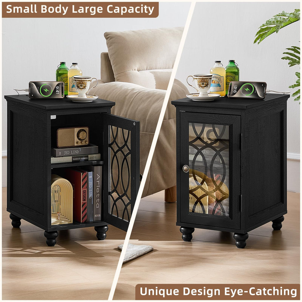 Pair of black nightstands with glass doors and open cabinet storage, compact design