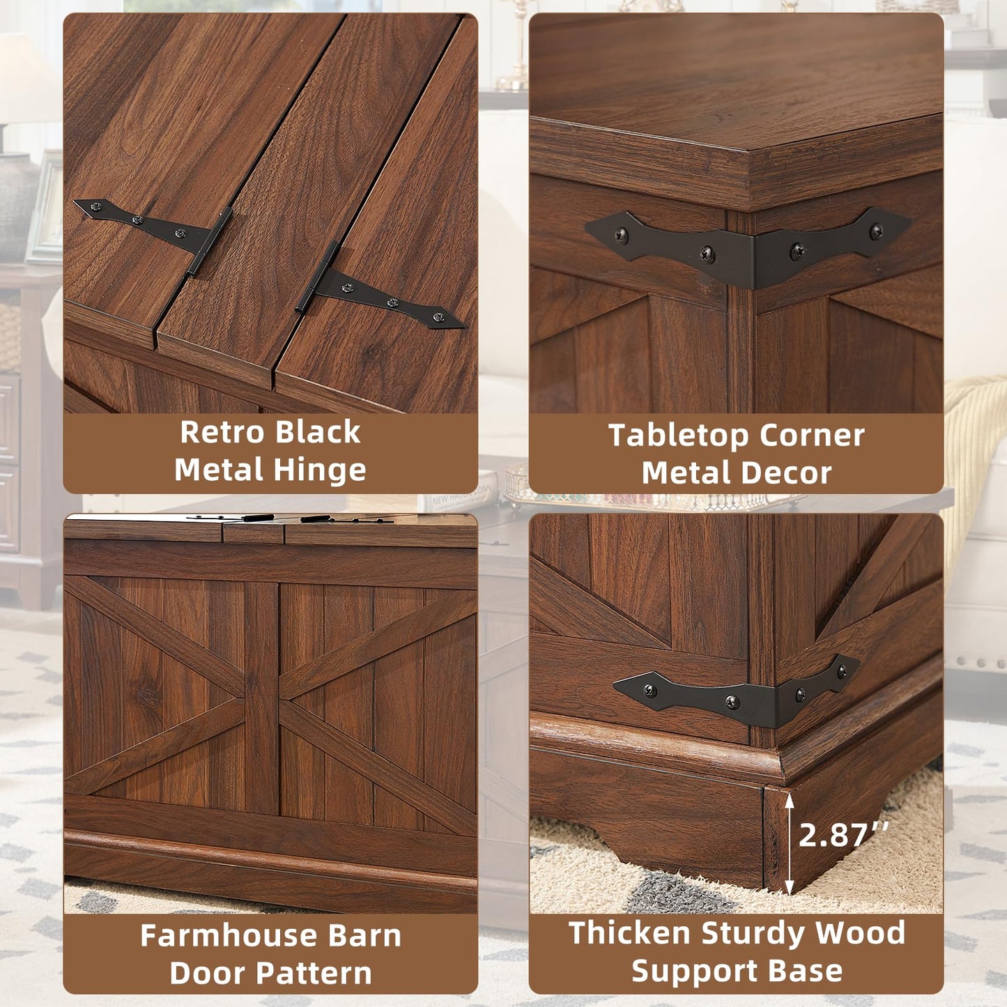 Brown lift-top coffee table corner with black metal hinge and thick wood base