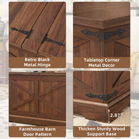 Brown lift-top coffee table corner with black metal hinge and thick wood base