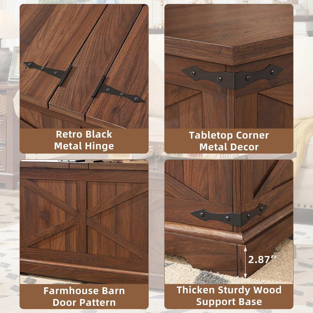 Brown lift-top coffee table showing metal hinge and wood-grain door pattern details