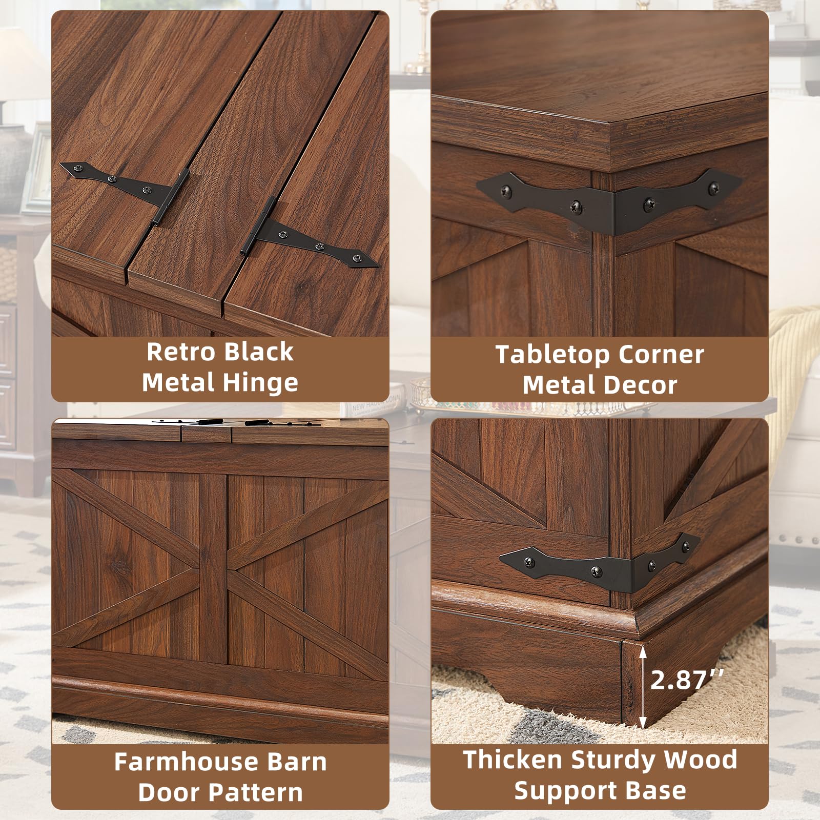 Brown lift-top coffee table showing metal hinge and wood-grain door pattern details