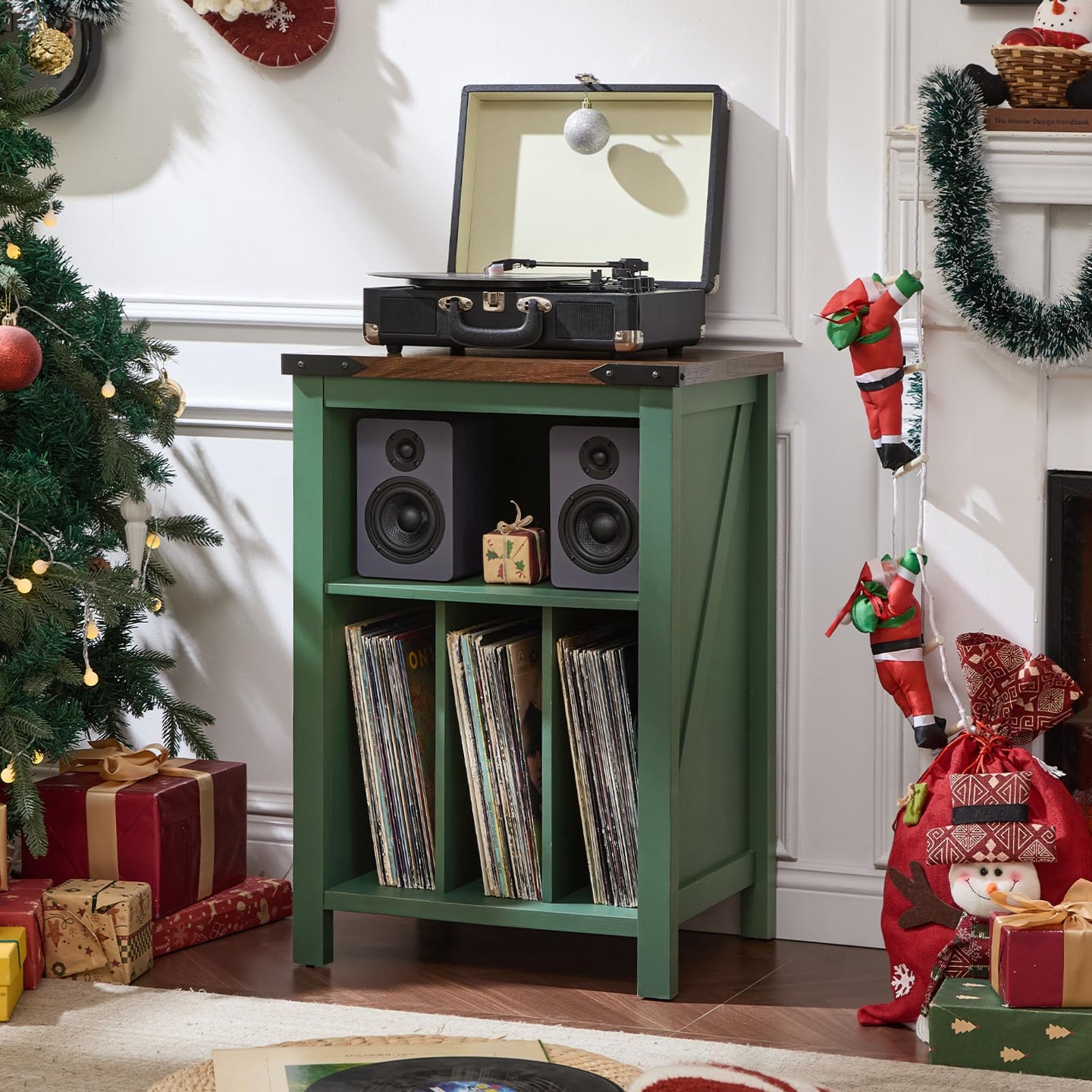 Record player stand cabinet with vinyl record shelves and dark top, open front