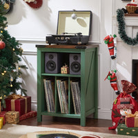 Record player stand cabinet with vinyl record shelves and dark top, open front