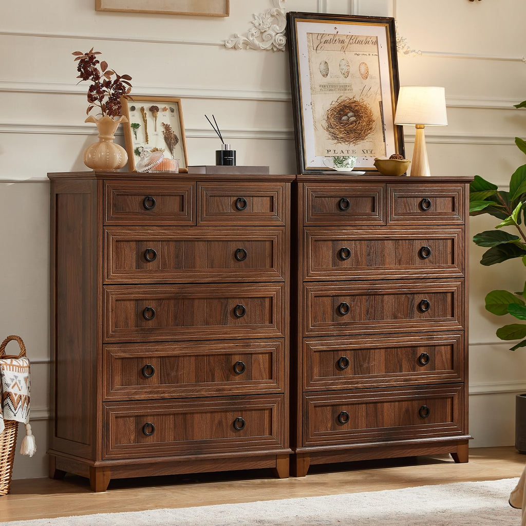 Dark brown farmhouse dresser with multiple drawers and round metal pulls