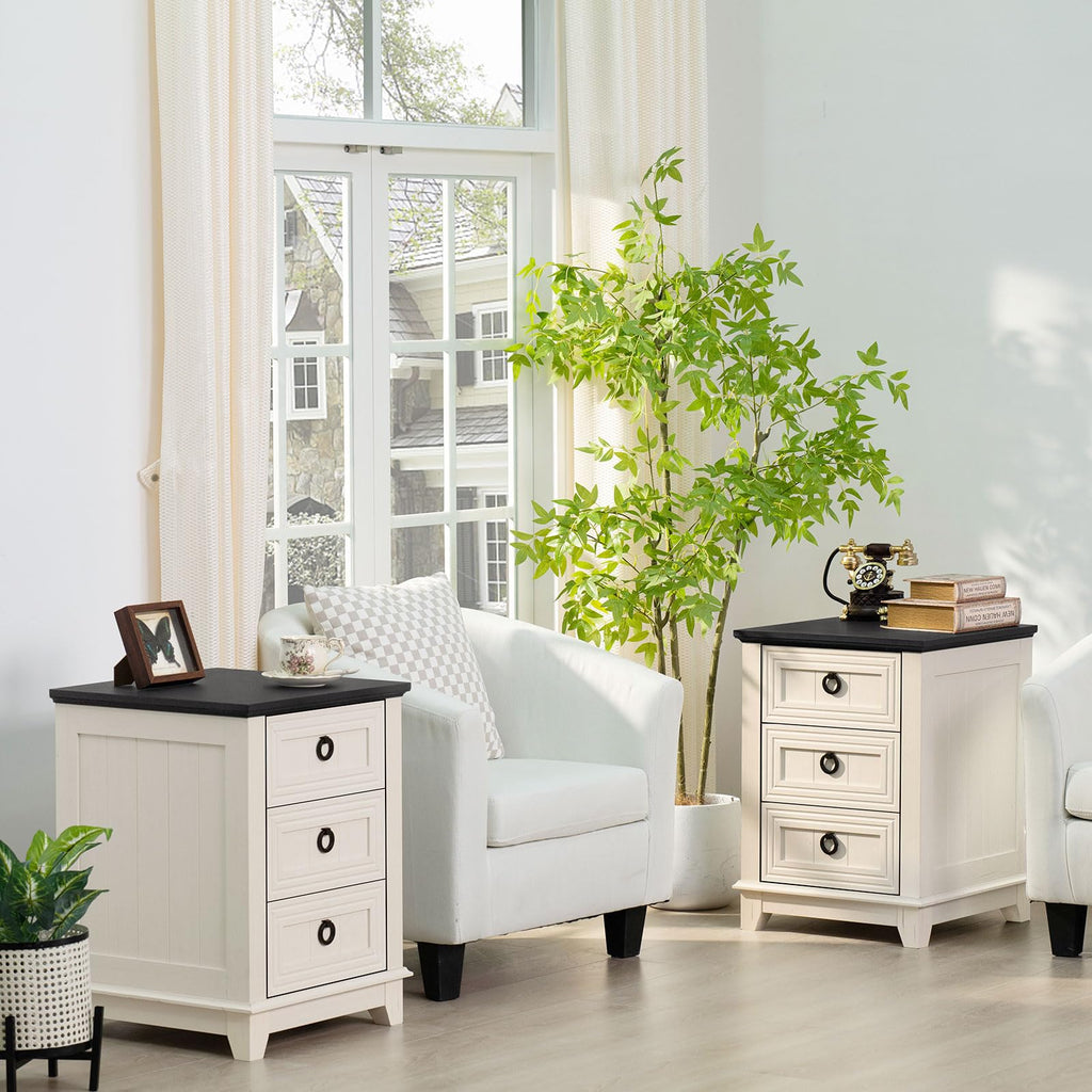White farmhouse side tables with black tops and drawers, country set of 3